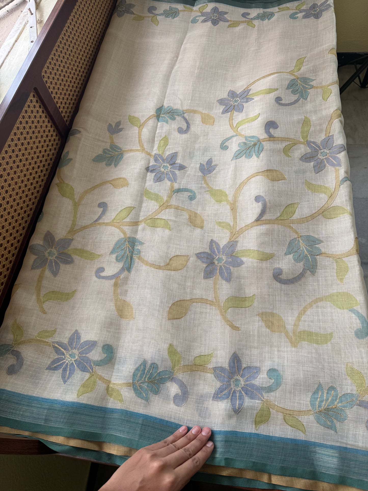Tissue Linen Saree with Aari work - Half White & Blue