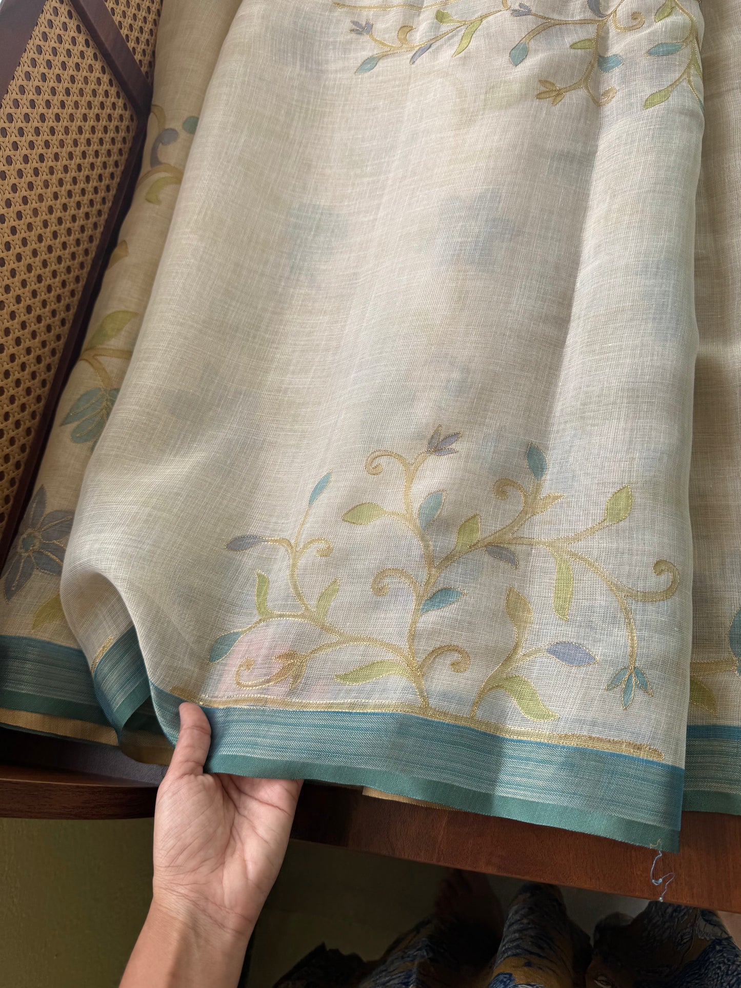 Tissue Linen Saree with Aari work - Half White & Blue