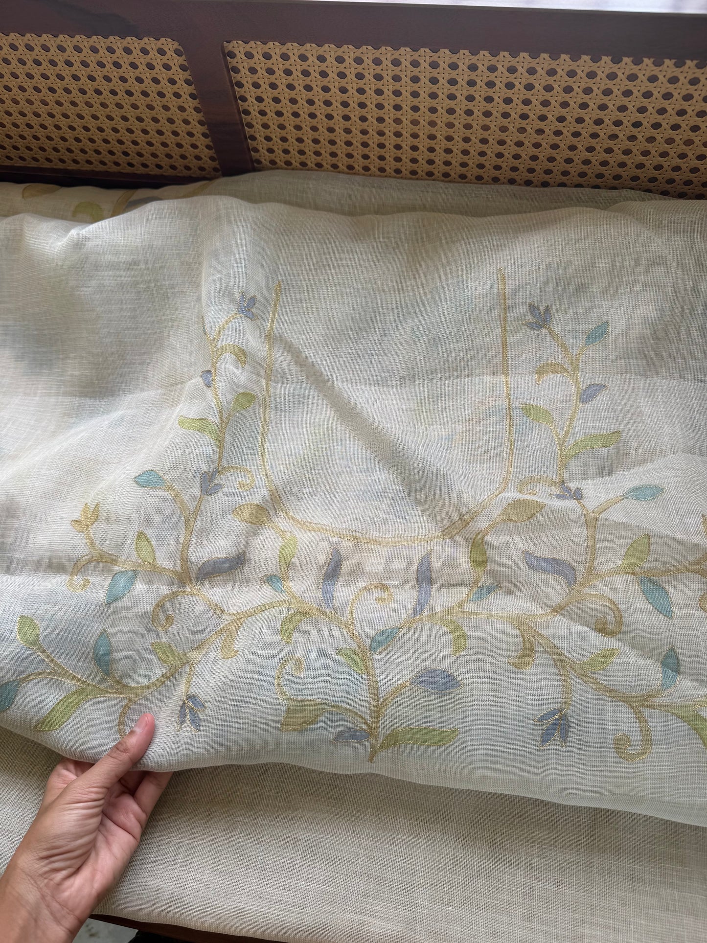 Tissue Linen Saree with Aari work - Half White & Blue