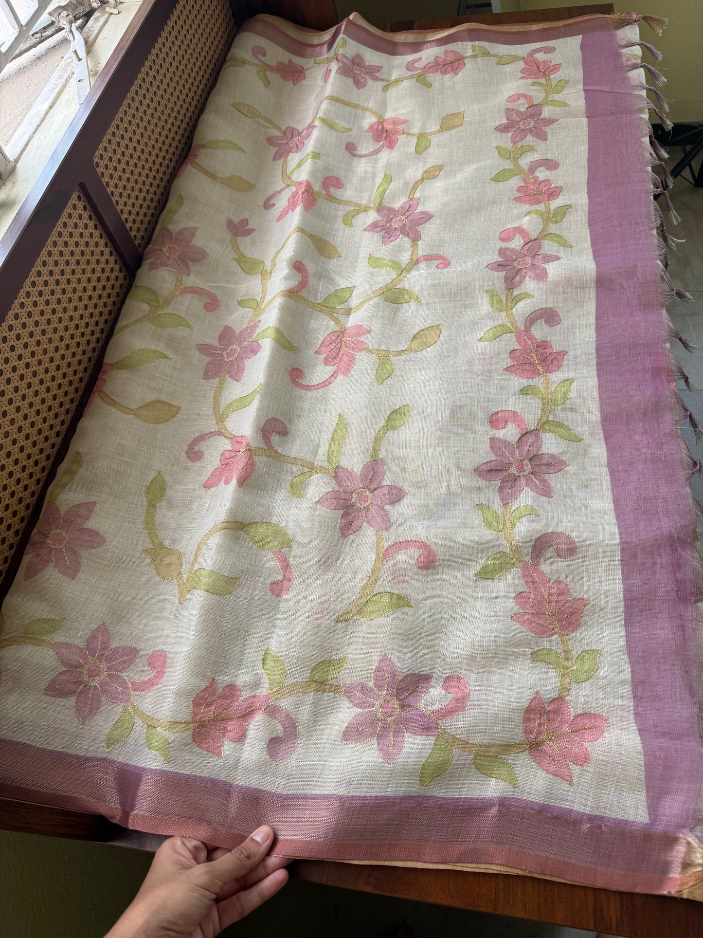 Tissue Linen Saree with Aari work - Half White & Lavender