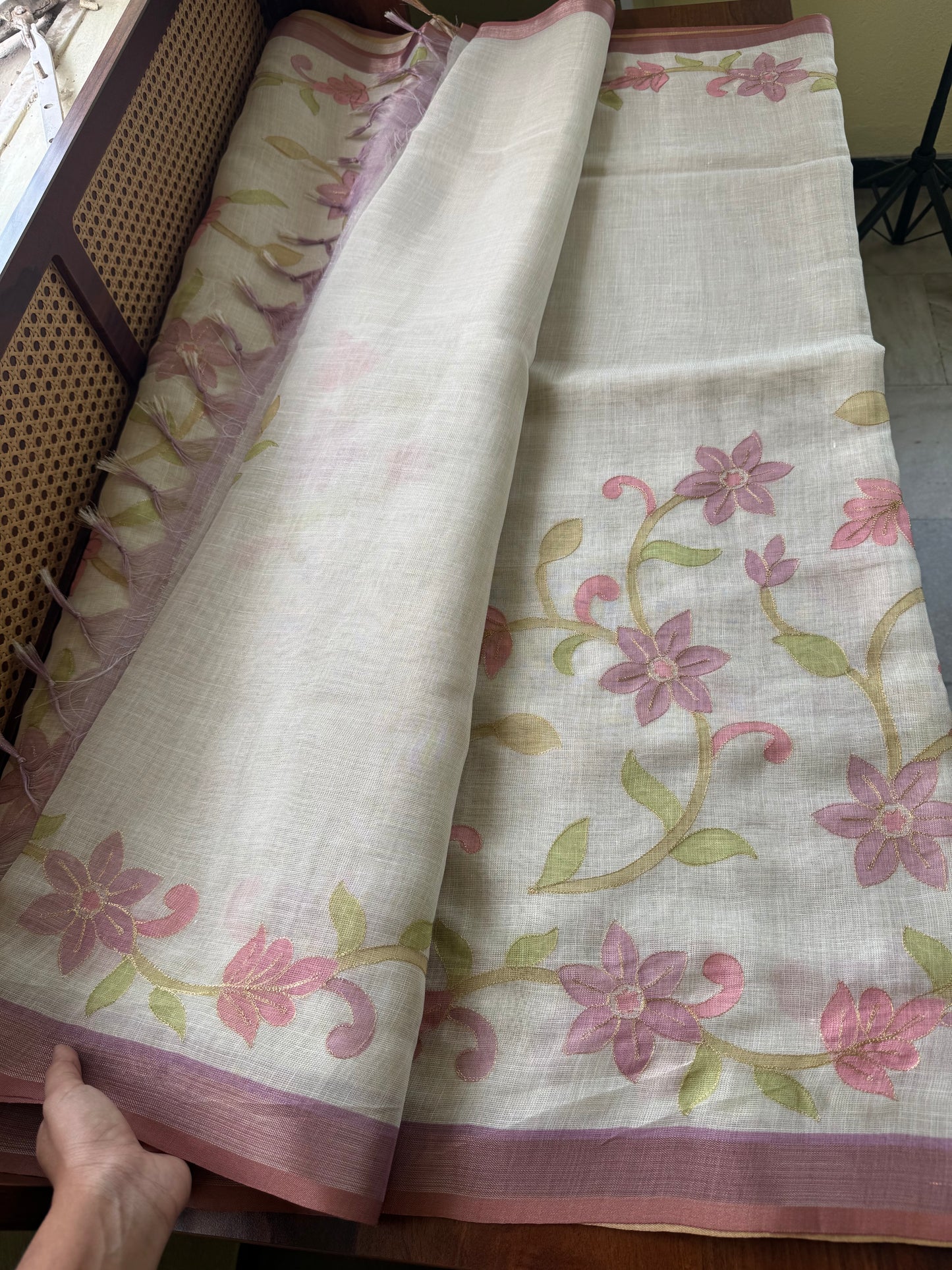 Tissue Linen Saree with Aari work - Half White & Lavender