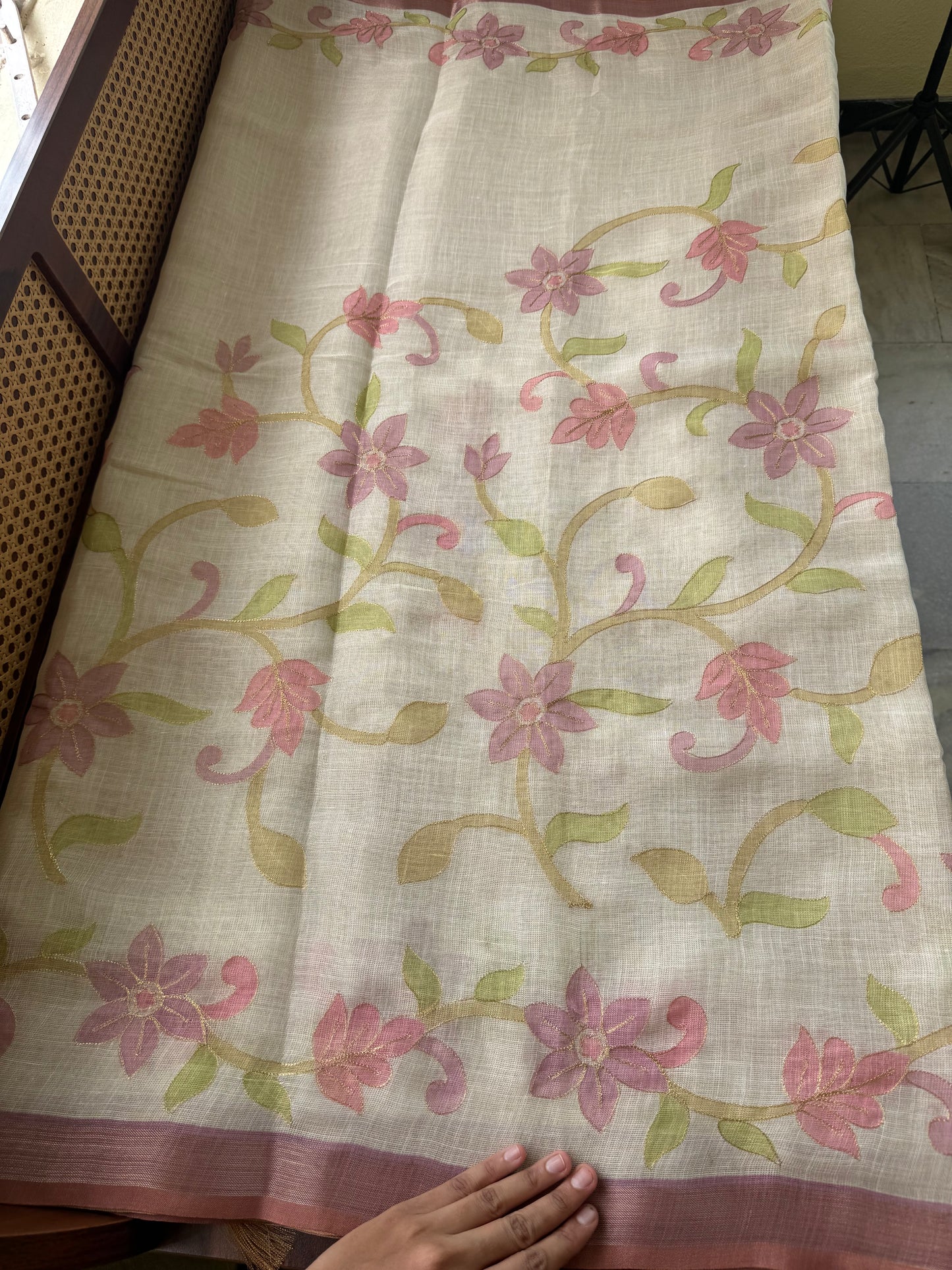 Tissue Linen Saree with Aari work - Half White & Lavender