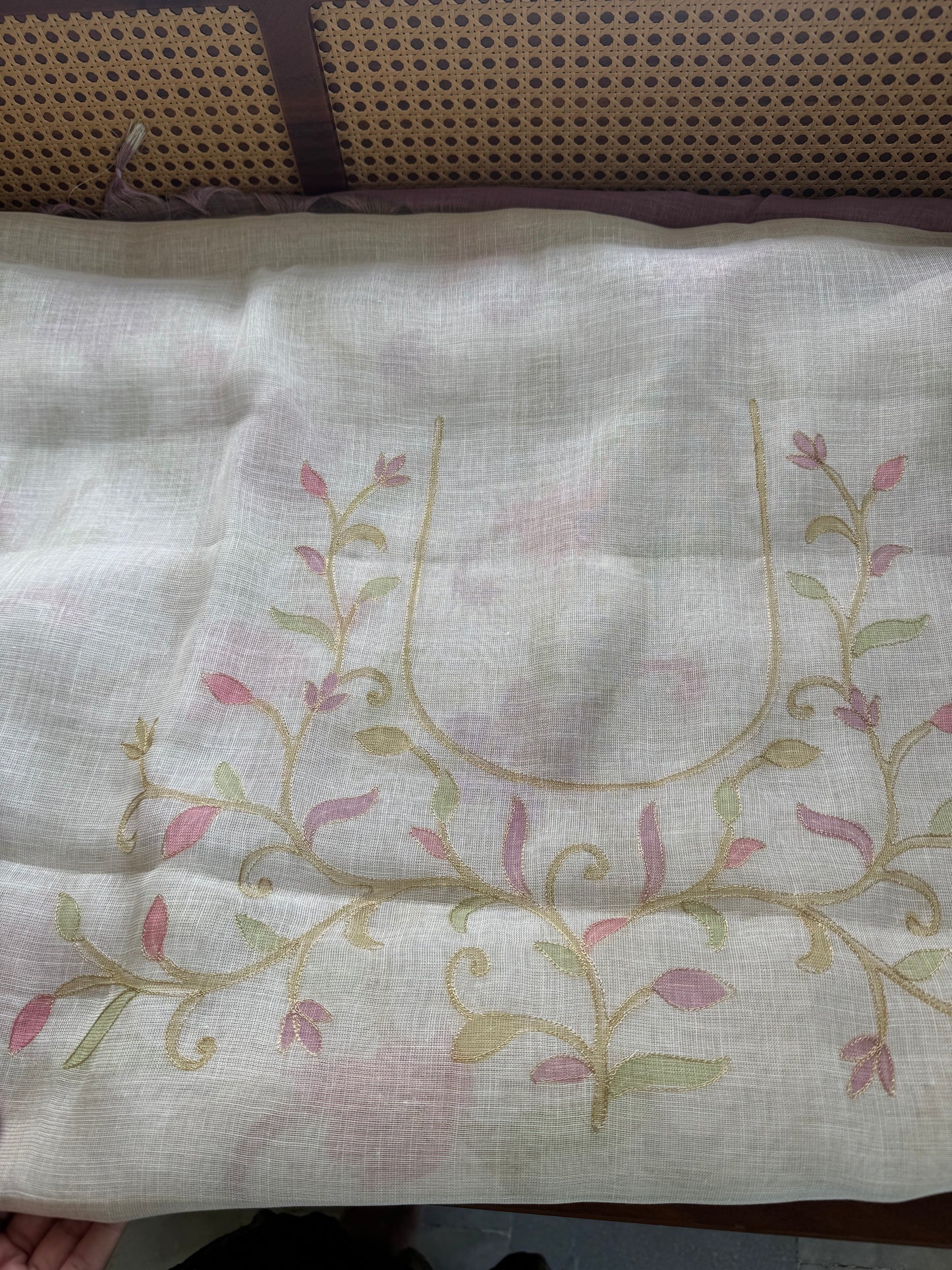 Tissue Linen Saree with Aari work - Half White & Lavender