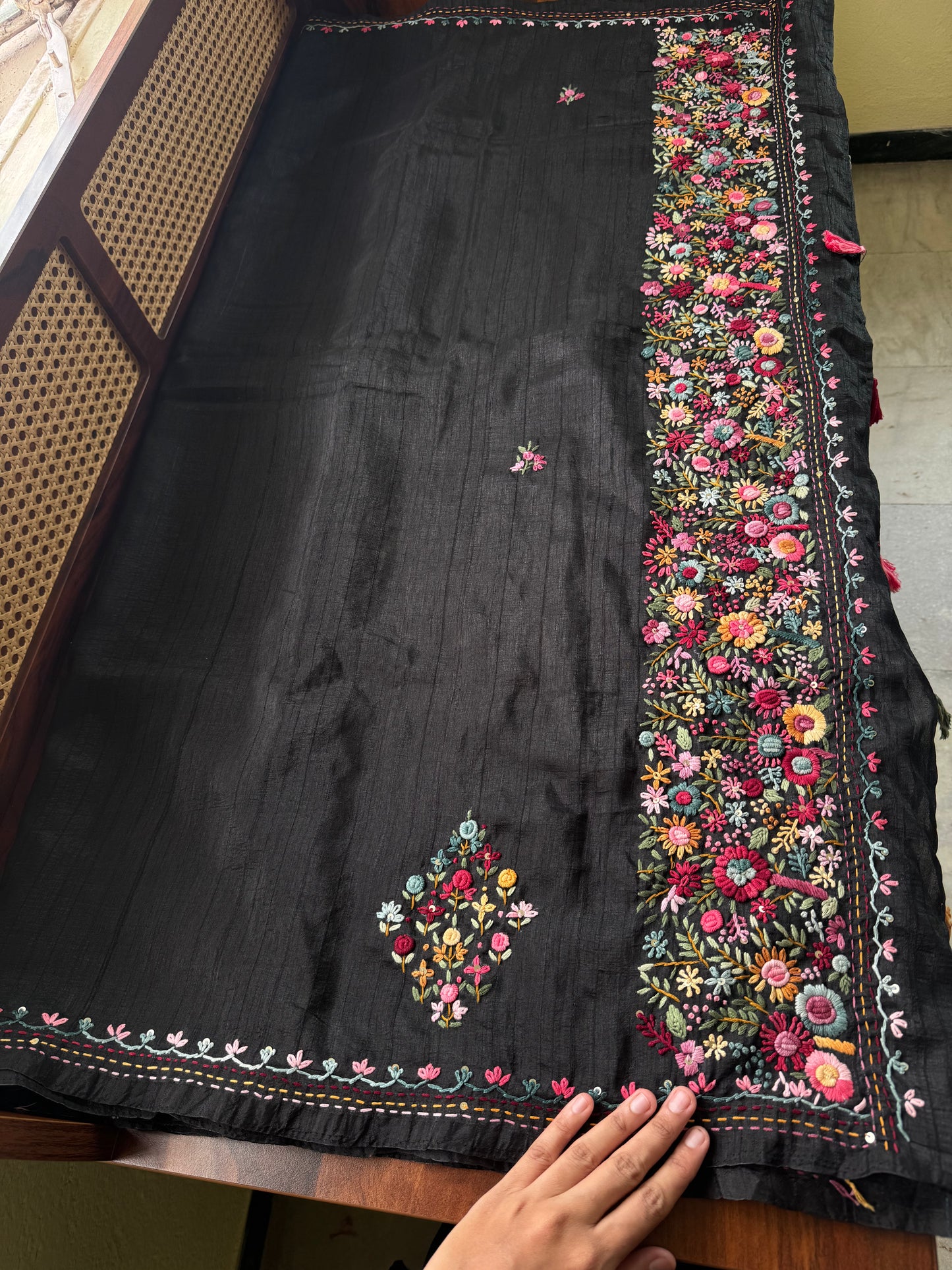 Premium Tussar Blend Saree with Handwork - Black