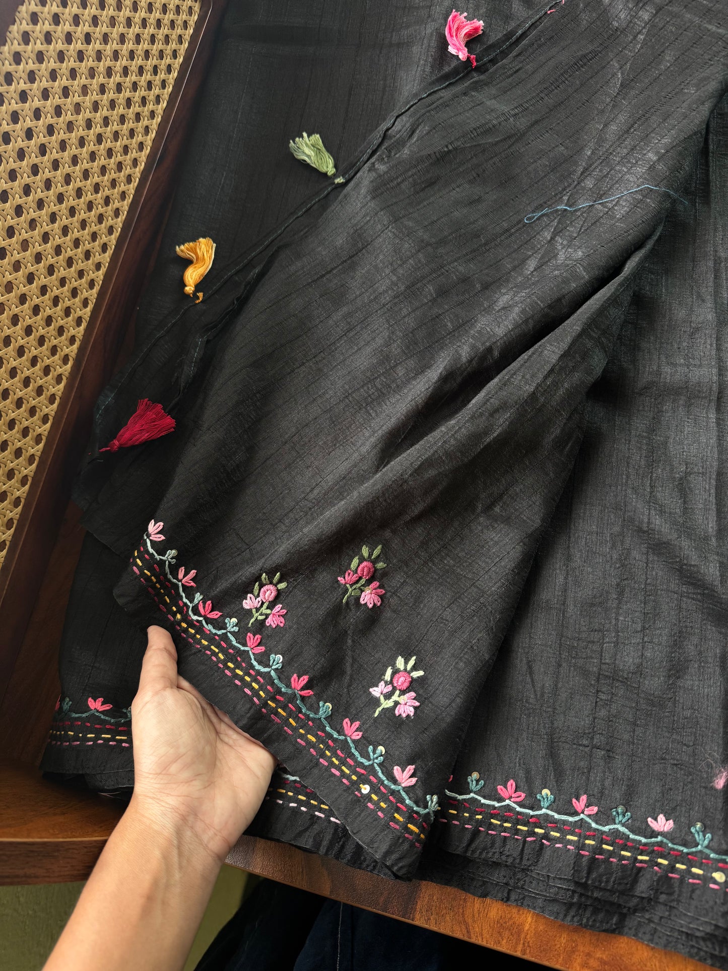Premium Tussar Blend Saree with Handwork - Black