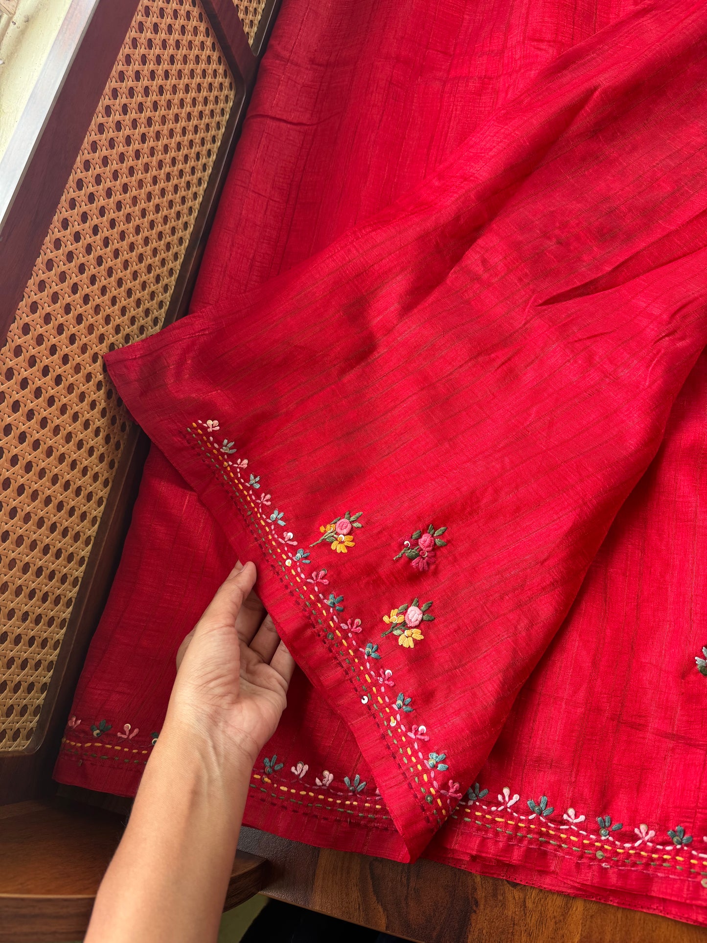 Premium Tussar Blend Saree with Handwork - Red