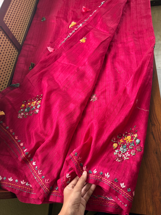 Premium Tussar Blend Saree with Handwork - Pink
