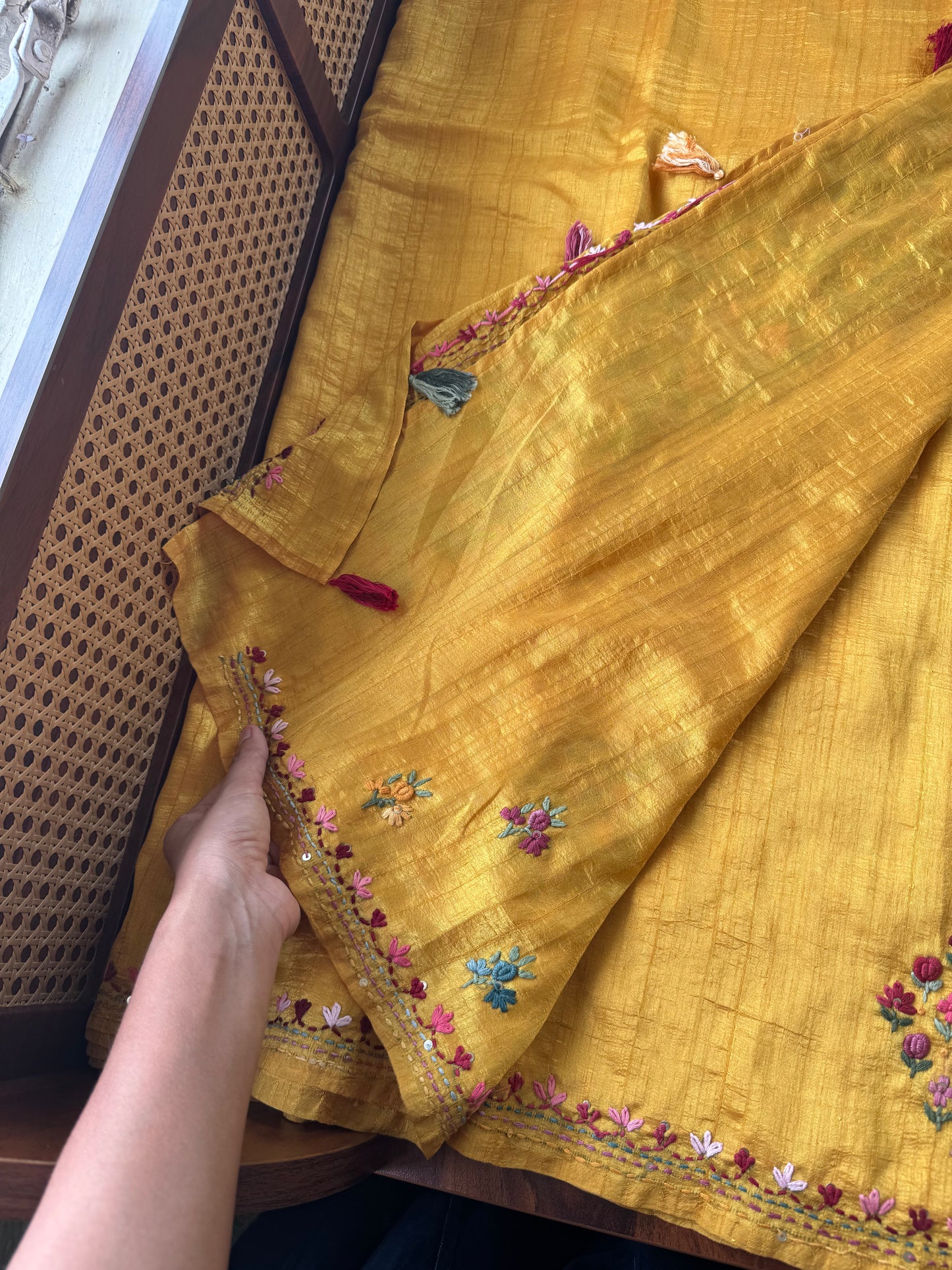 Premium Tussar Blend Saree with Handwork - Yellow