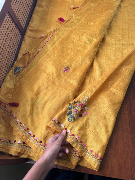Premium Tussar Blend Saree with Handwork - Yellow
