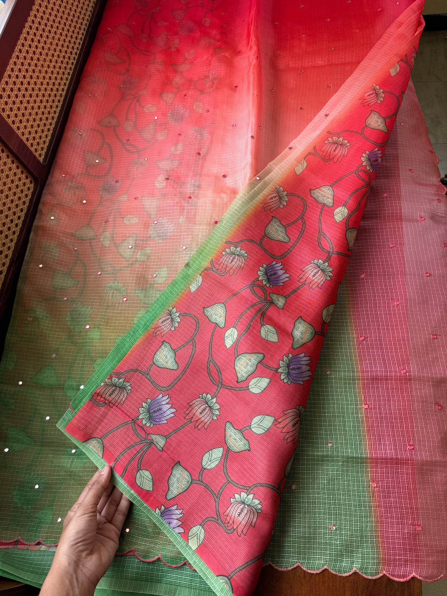 Ombre Silky Kota Saree - Red to Green