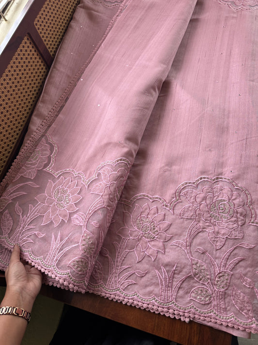Tussar Blend Applique Saree - Pink