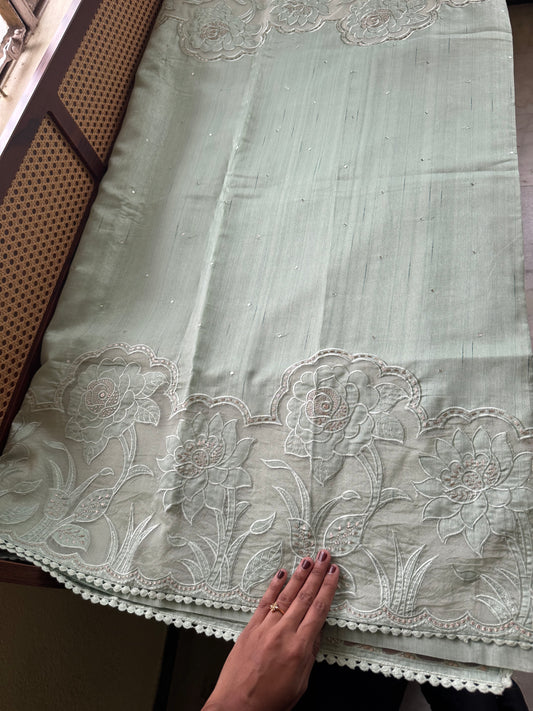 Tussar Blend Applique Saree - Pastel Green