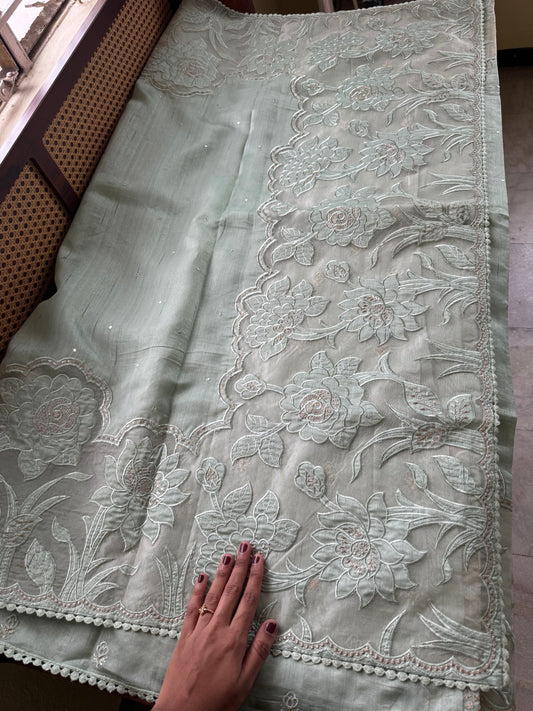 Tussar Blend Applique Saree - Pastel Green