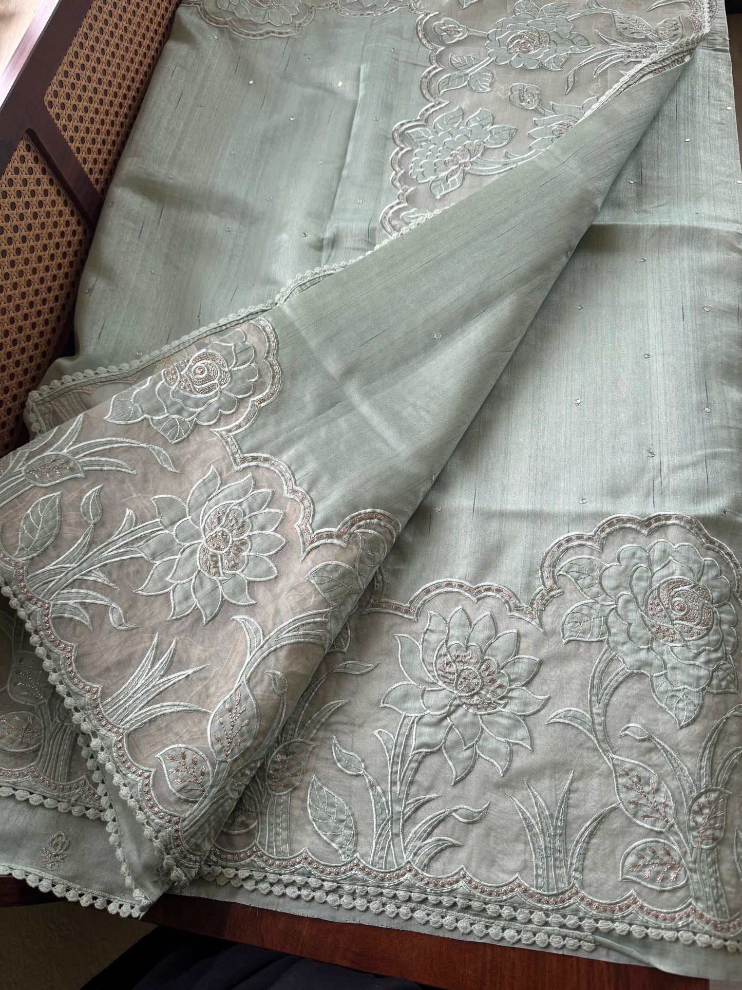 Tussar Blend Applique Saree - Pastel Green