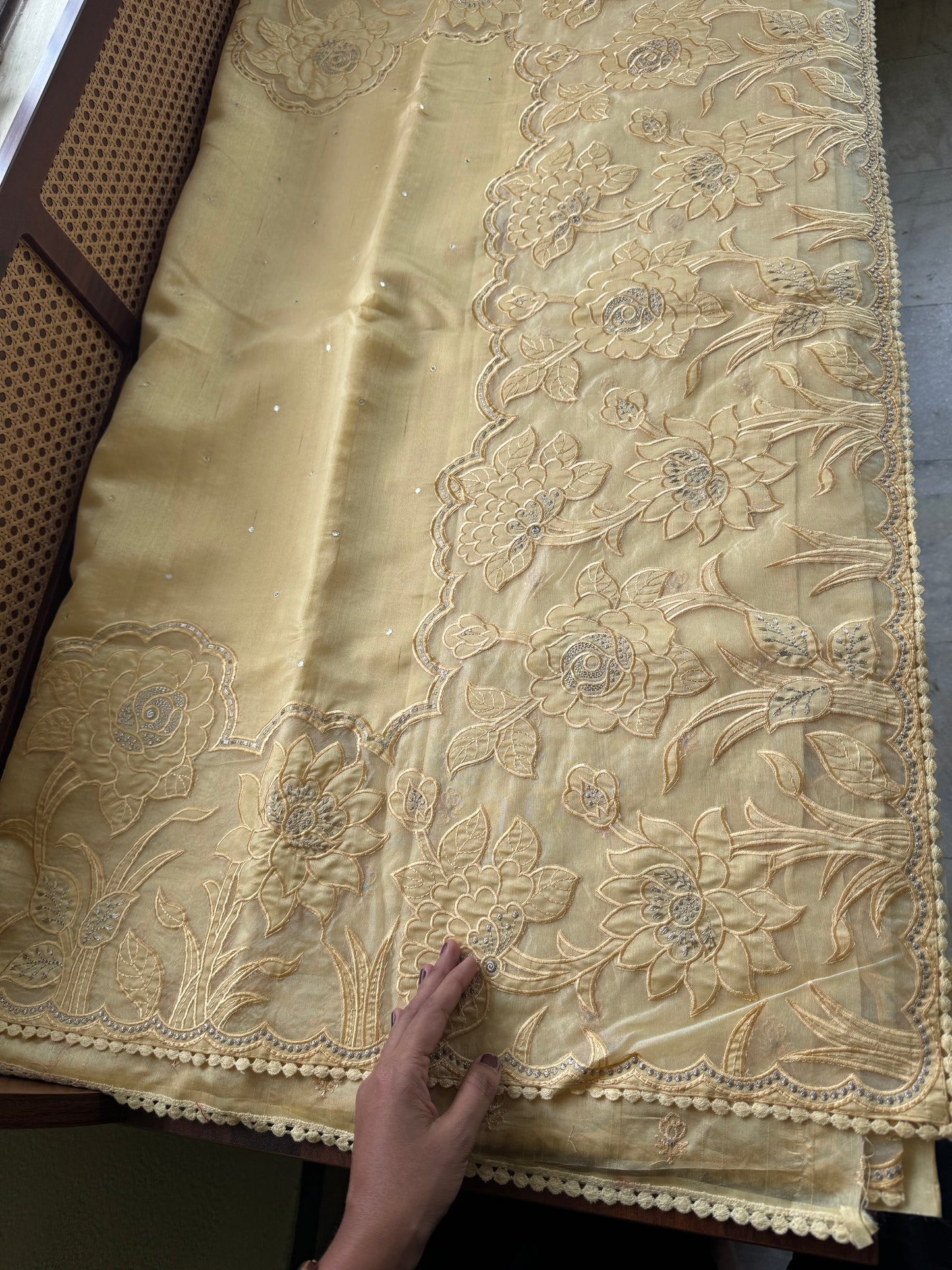 Tussar Blend Applique Saree - Yellow