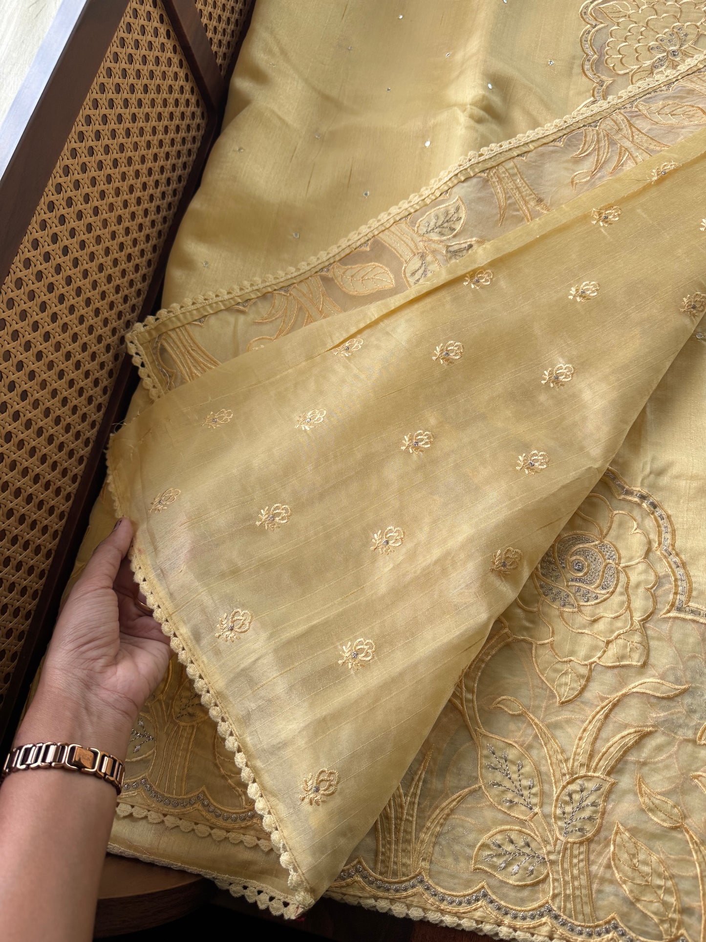 Tussar Blend Applique Saree - Yellow