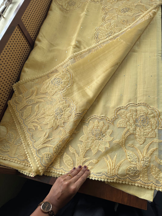 Tussar Blend Applique Saree - Yellow