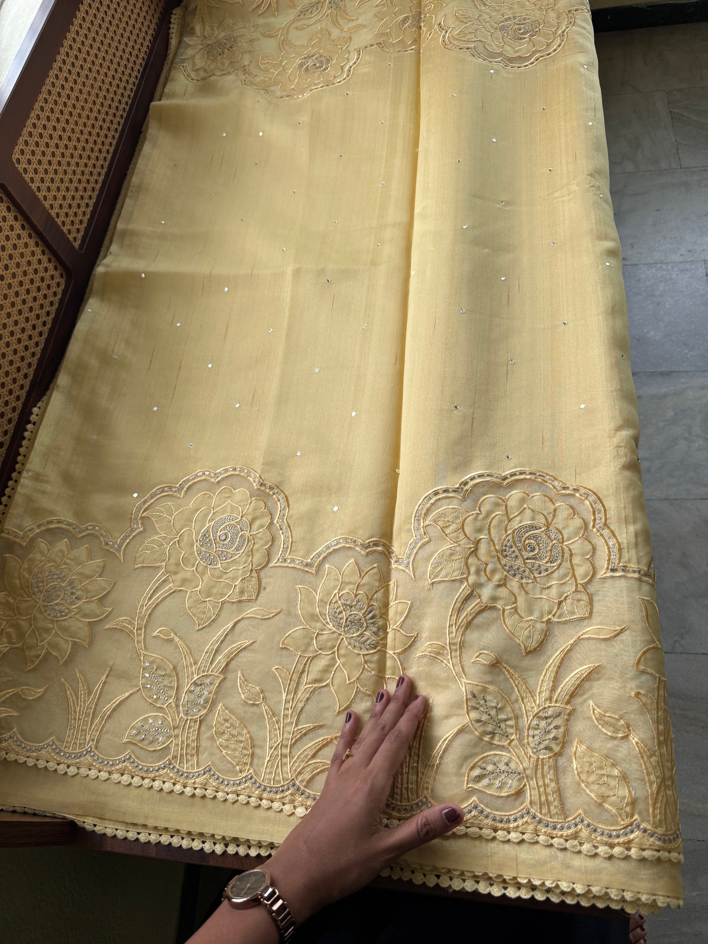 Tussar Blend Applique Saree - Yellow