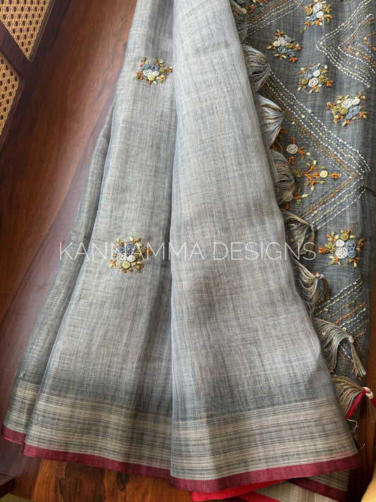 Premium Tissue Linen Sarees -Grey