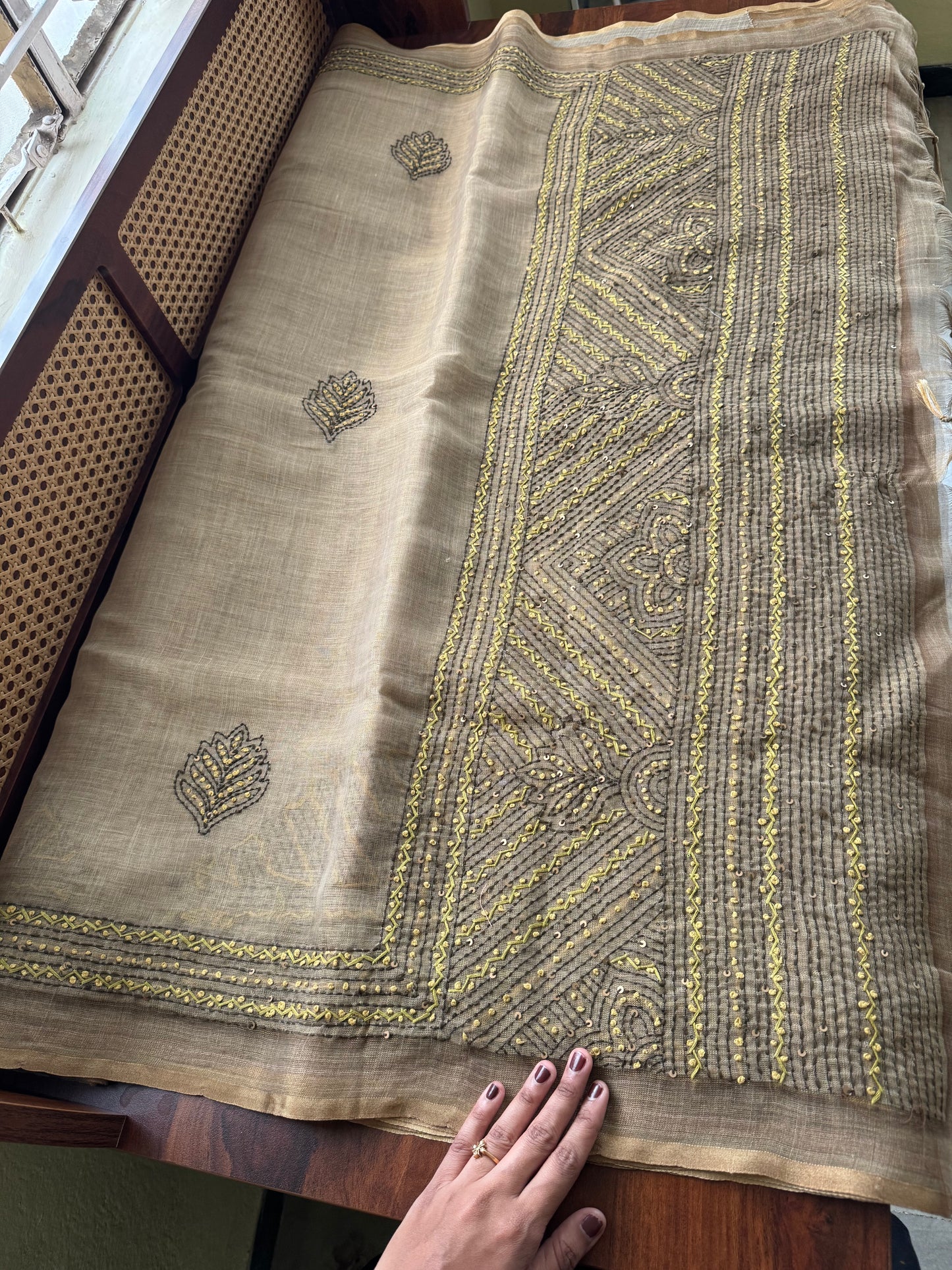 Premium Tissue Linen Saree with heavy blouse  - Henna Green