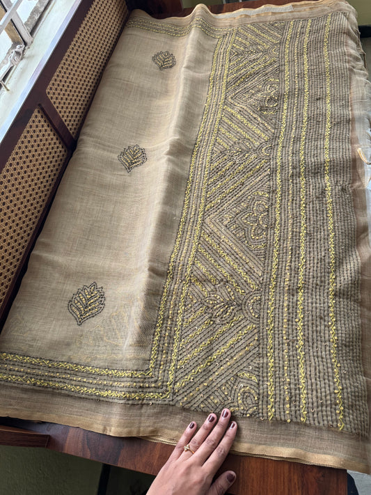 Premium Tissue Linen Saree with heavy blouse  - Henna Green