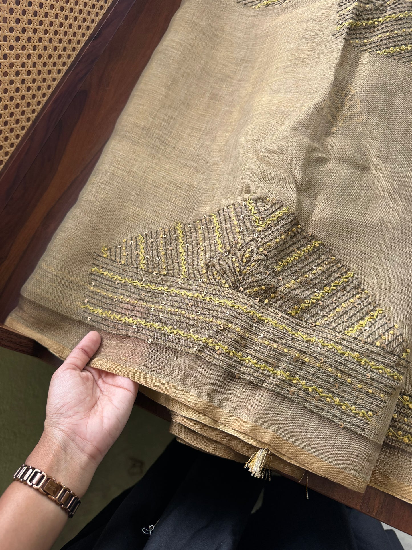 Premium Tissue Linen Saree with heavy blouse  - Henna Green