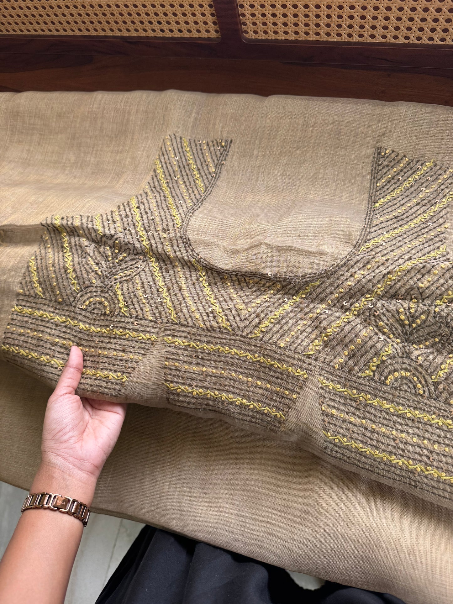 Premium Tissue Linen Saree with heavy blouse  - Henna Green