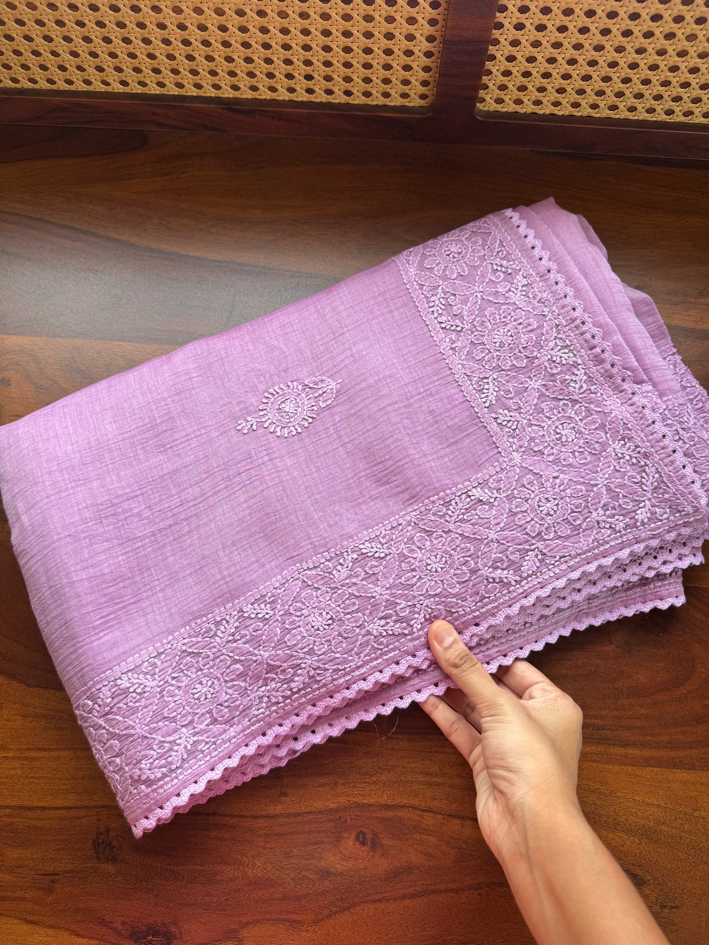 Pure Mul Chanderi Chikankari Saree - Lavender