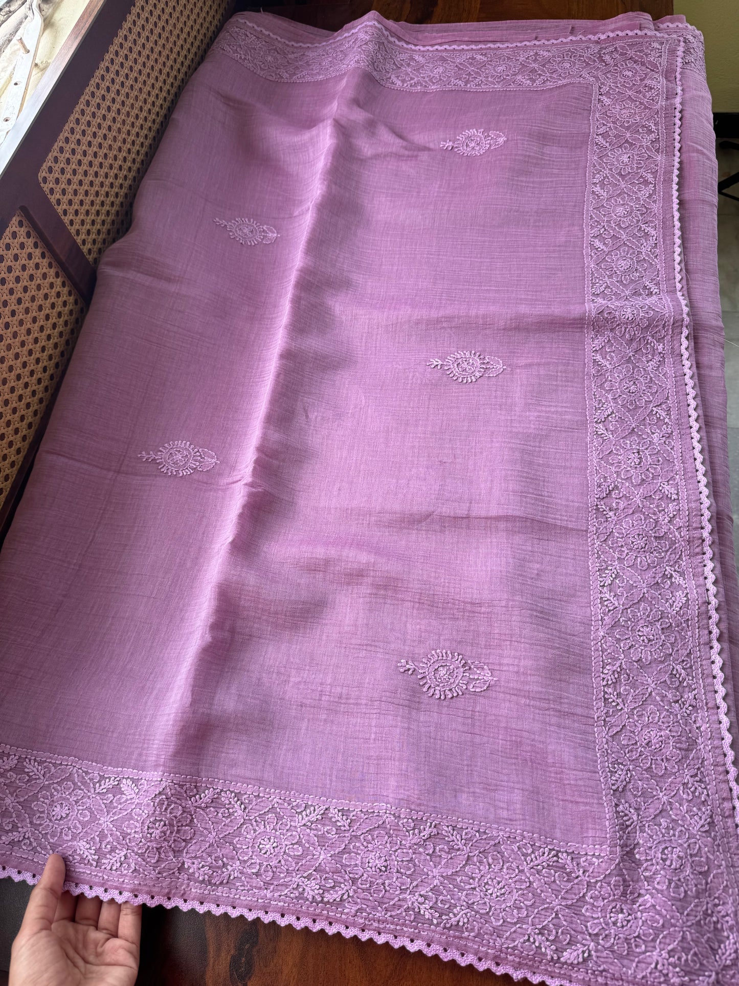 Pure Mul Chanderi Chikankari Saree - Lavender