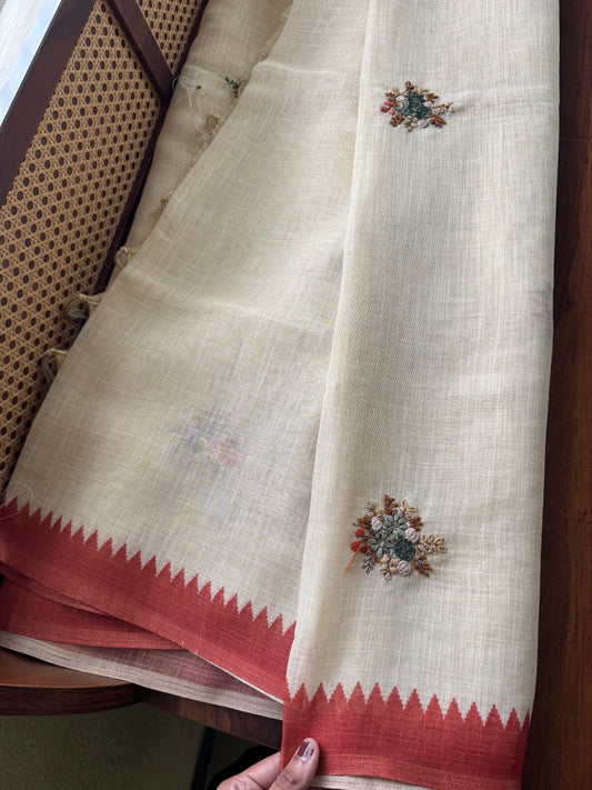 Premium Tissue Linen Sarees - Half White & Rustic Orange