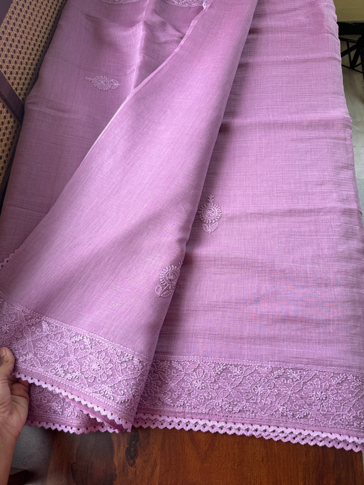 Pure Mul Chanderi Chikankari Saree - Lavender