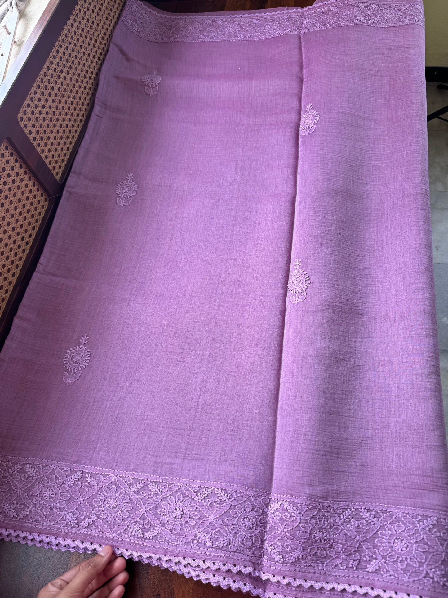 Pure Mul Chanderi Chikankari Saree - Lavender