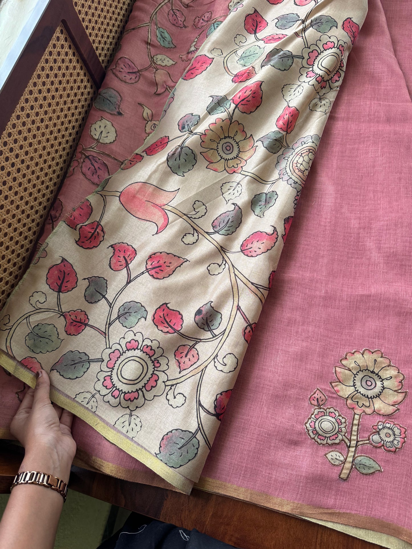 Tissue Cotton Applique Sarees - Pink