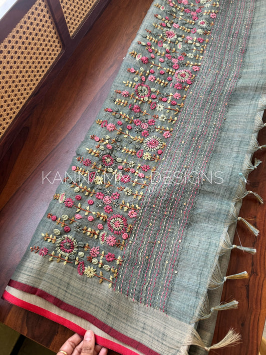 Premium Tissue Linen Sarees -Sage Green