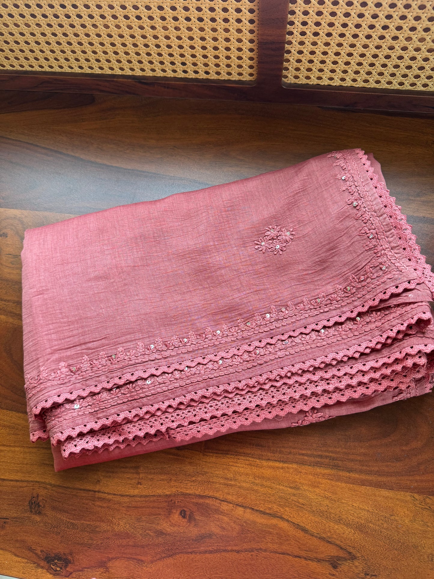 Pure Mul Chanderi Chikankari Saree -Dusty Pink