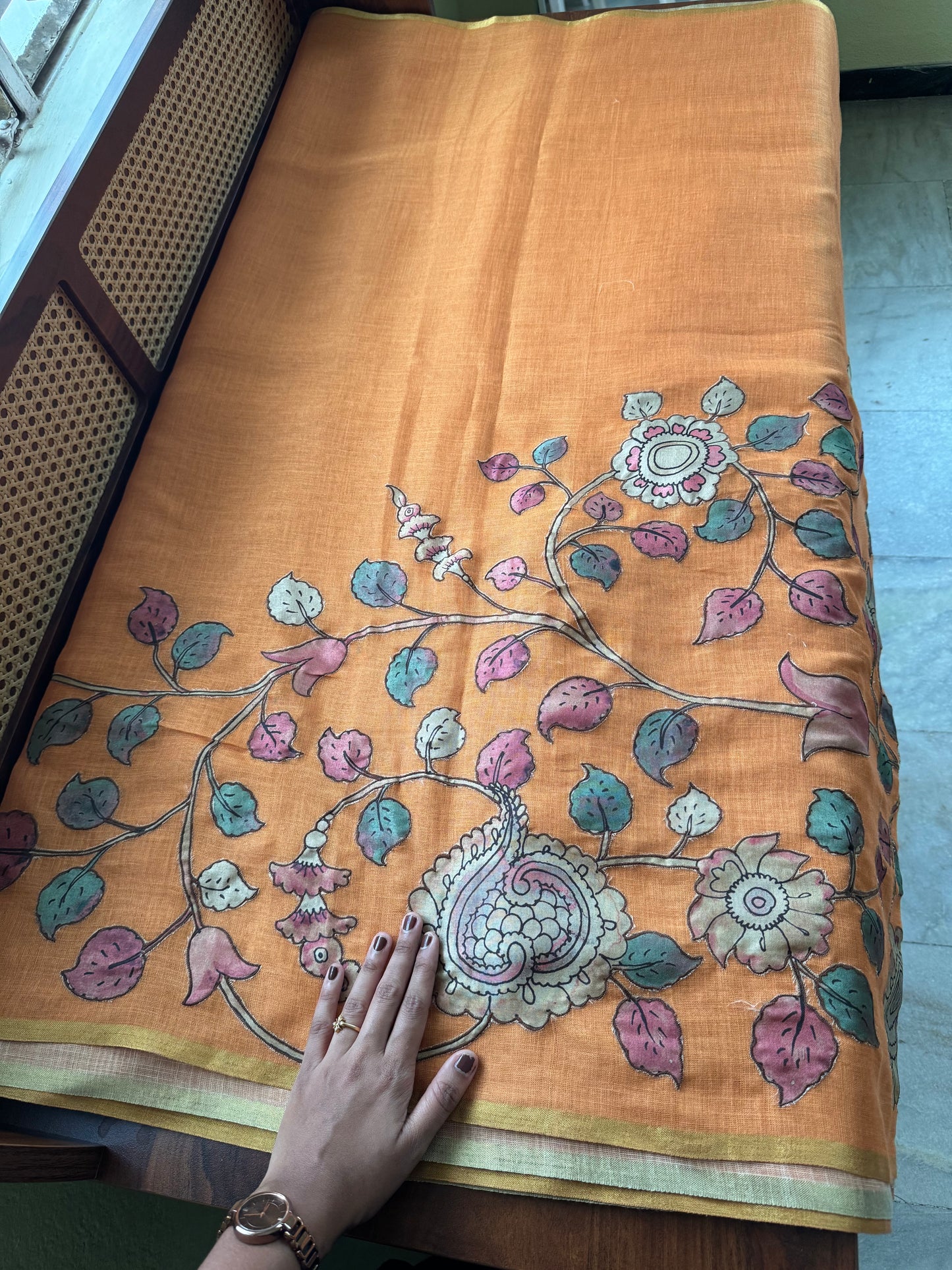 Tissue Cotton Applique Sarees - Orange Yellow