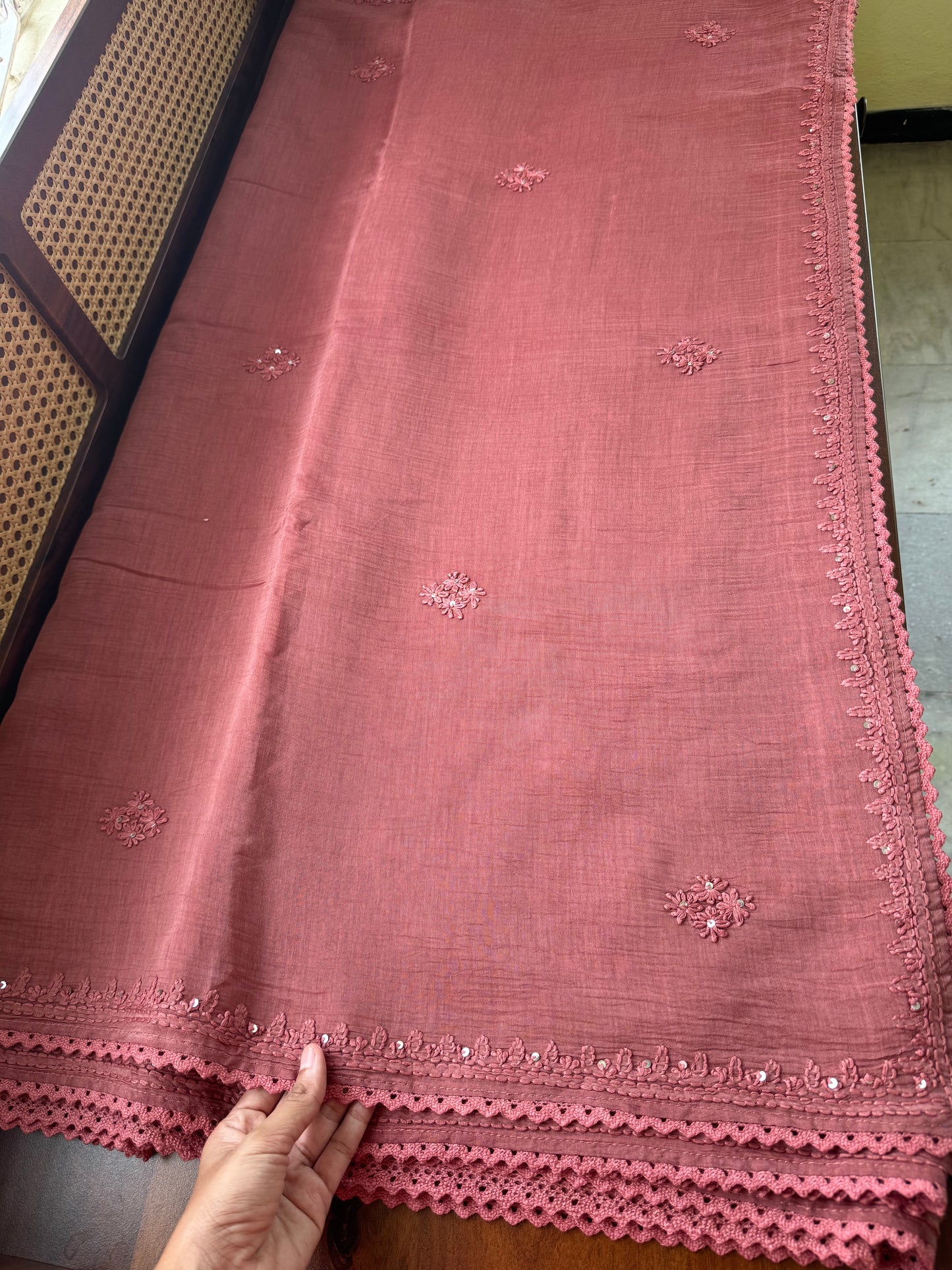 Pure Mul Chanderi Chikankari Saree -Dusty Pink