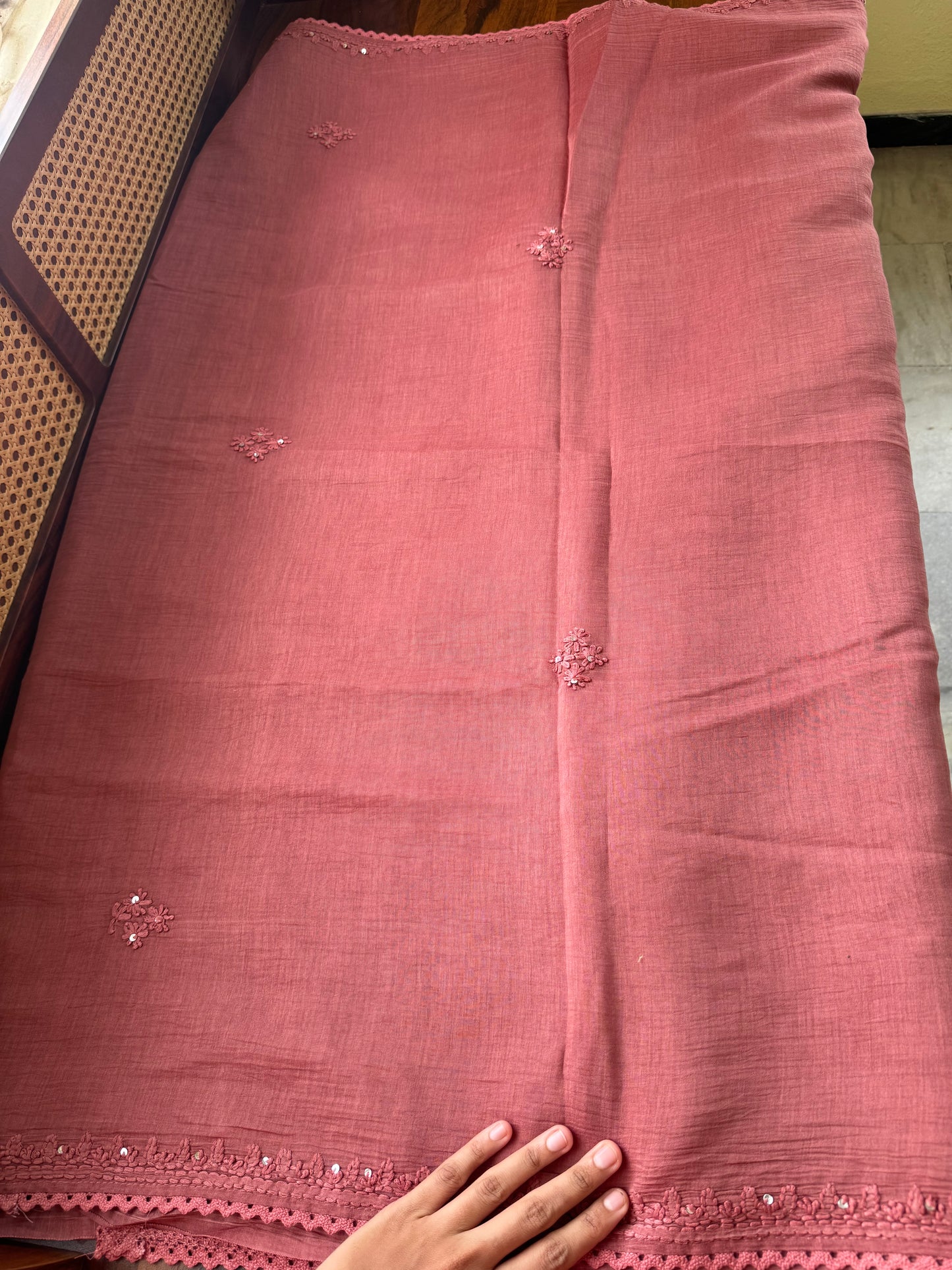 Pure Mul Chanderi Chikankari Saree -Dusty Pink