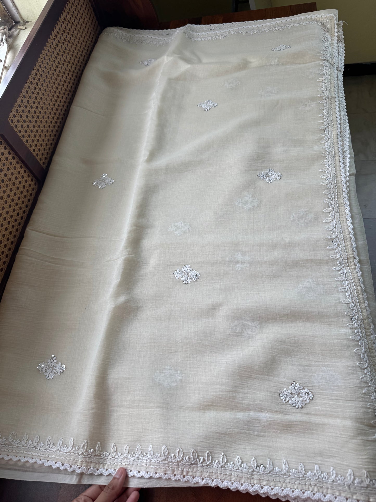 Pure Mul Chanderi Chikankari Saree -Half White