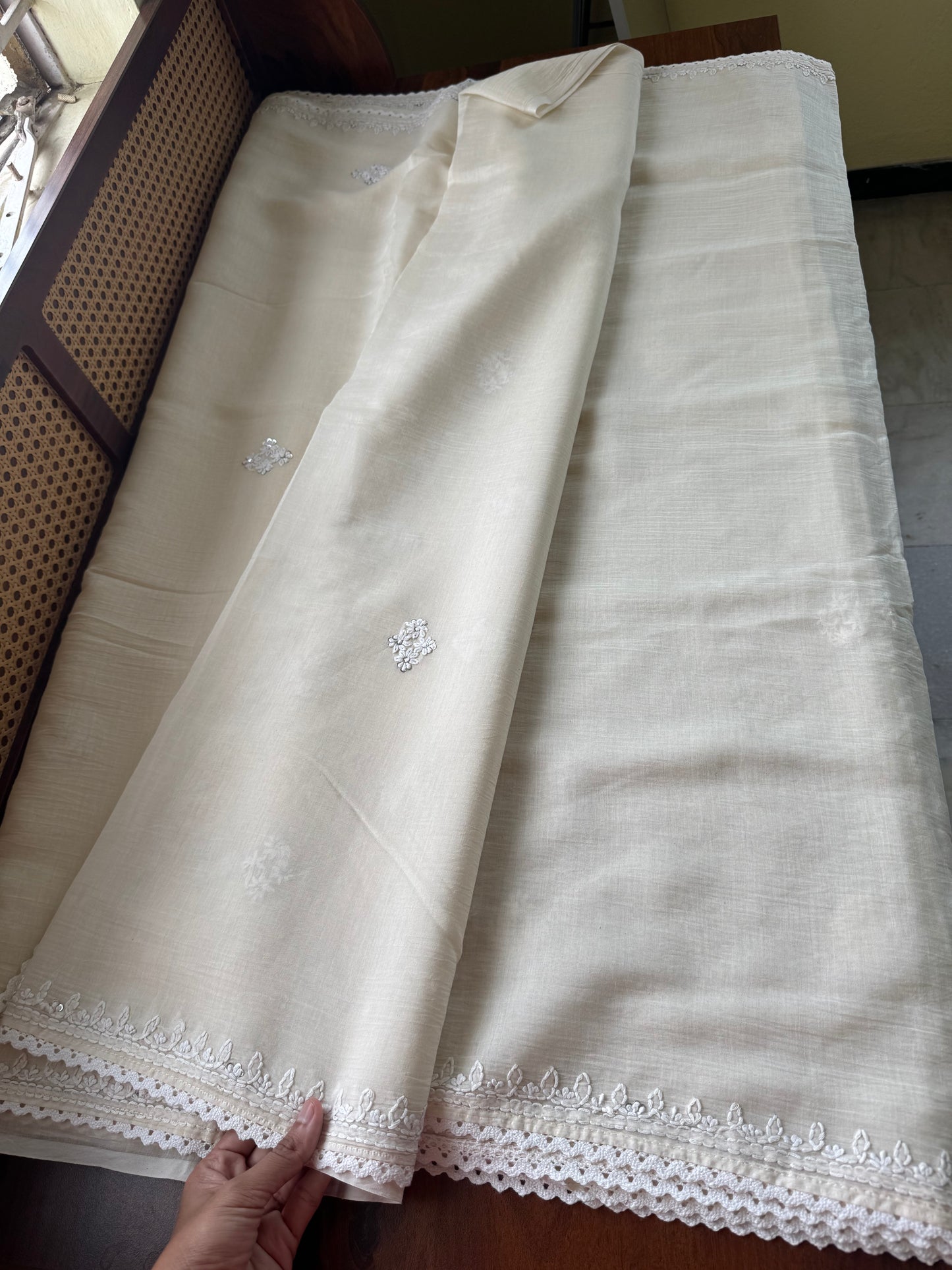Pure Mul Chanderi Chikankari Saree -Half White