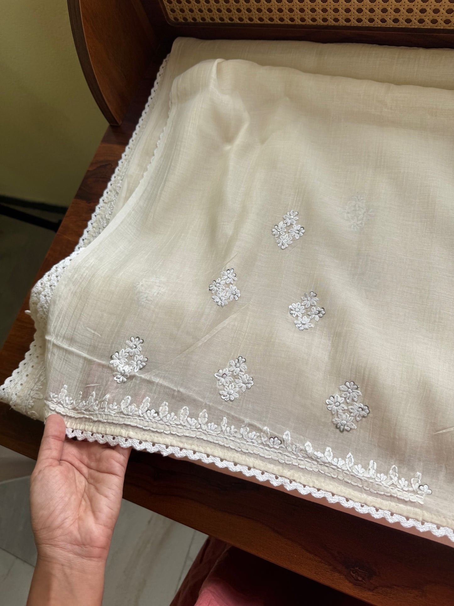 Pure Mul Chanderi Chikankari Saree -Half White