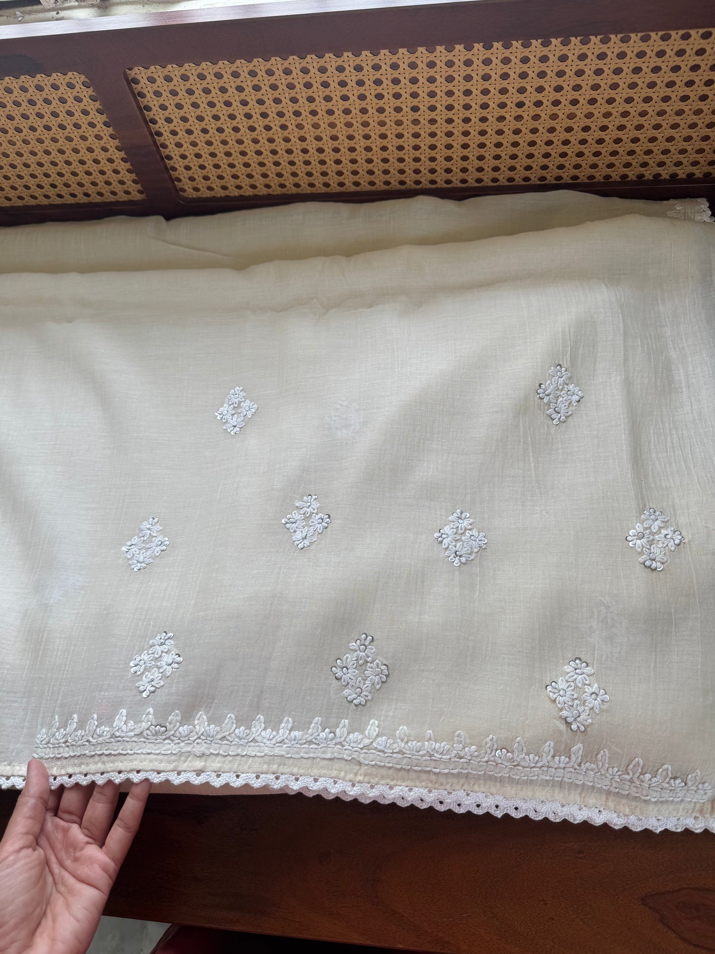 Pure Mul Chanderi Chikankari Saree -Half White