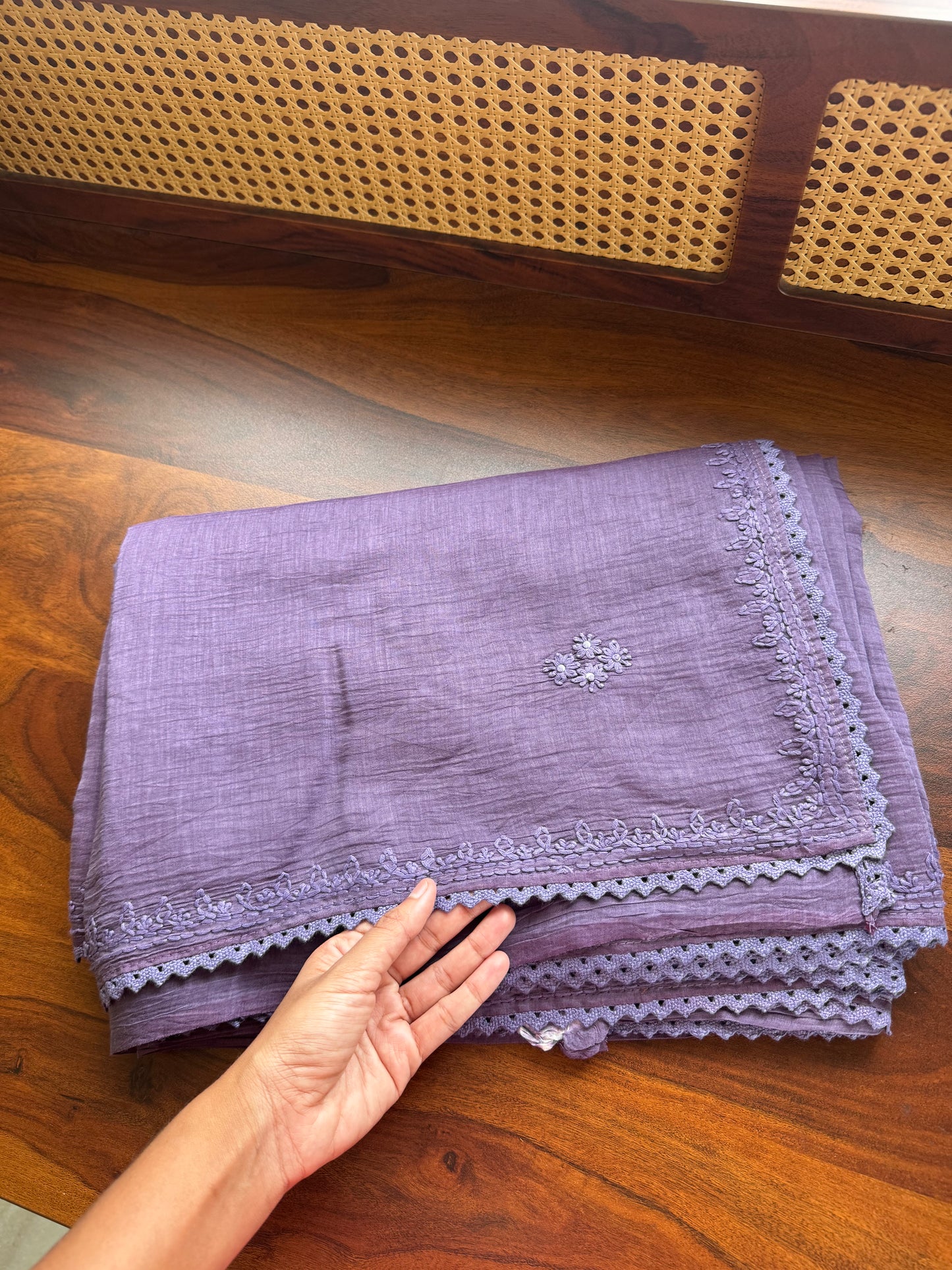 Pure Mul Chanderi Chikankari Saree -Violet