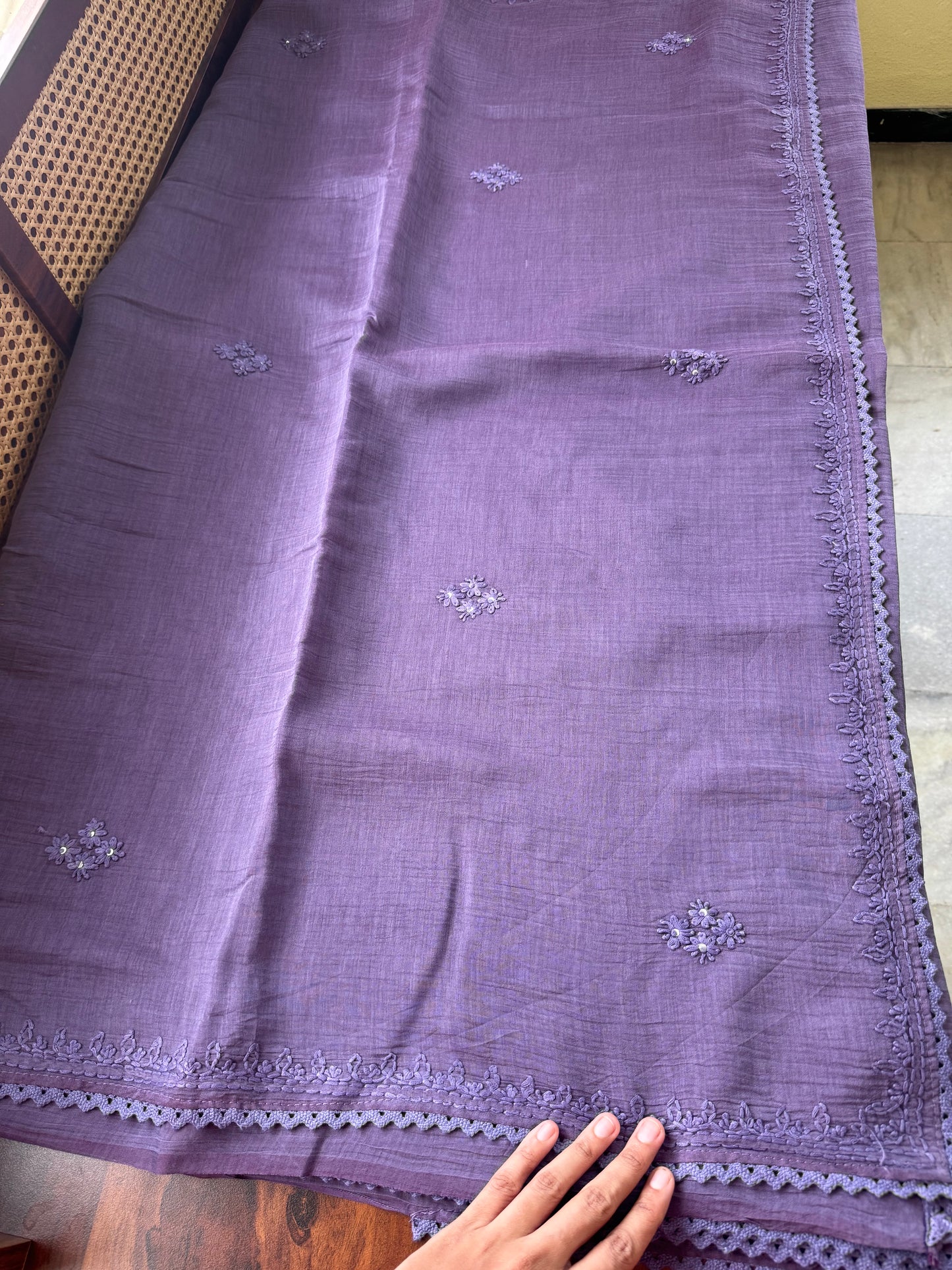 Pure Mul Chanderi Chikankari Saree -Violet
