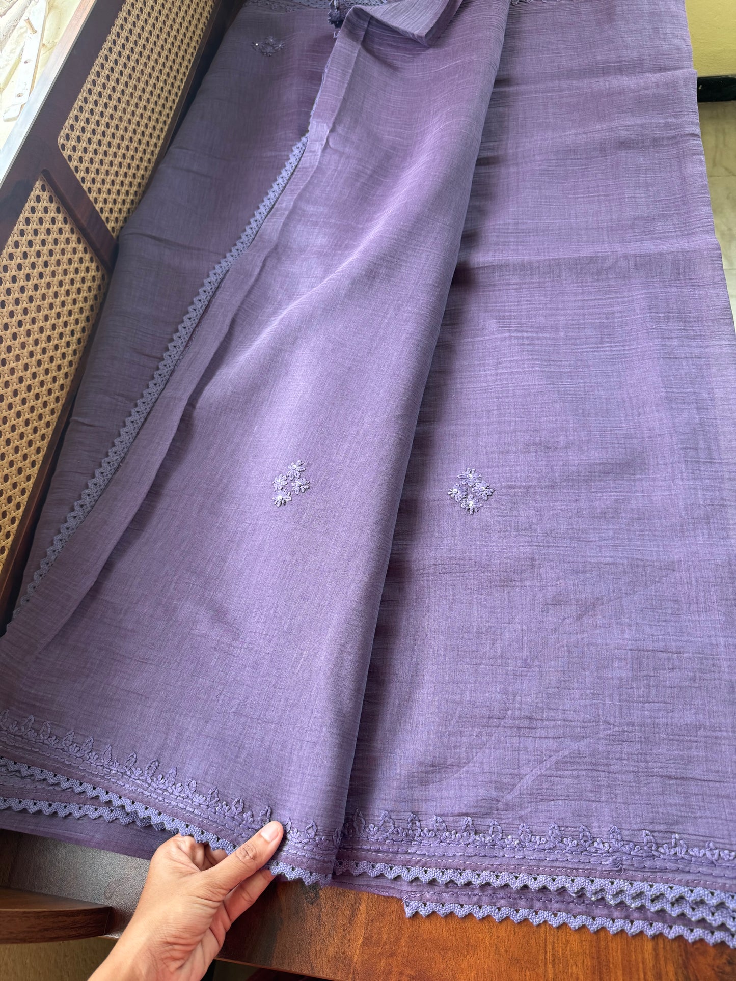 Pure Mul Chanderi Chikankari Saree -Violet