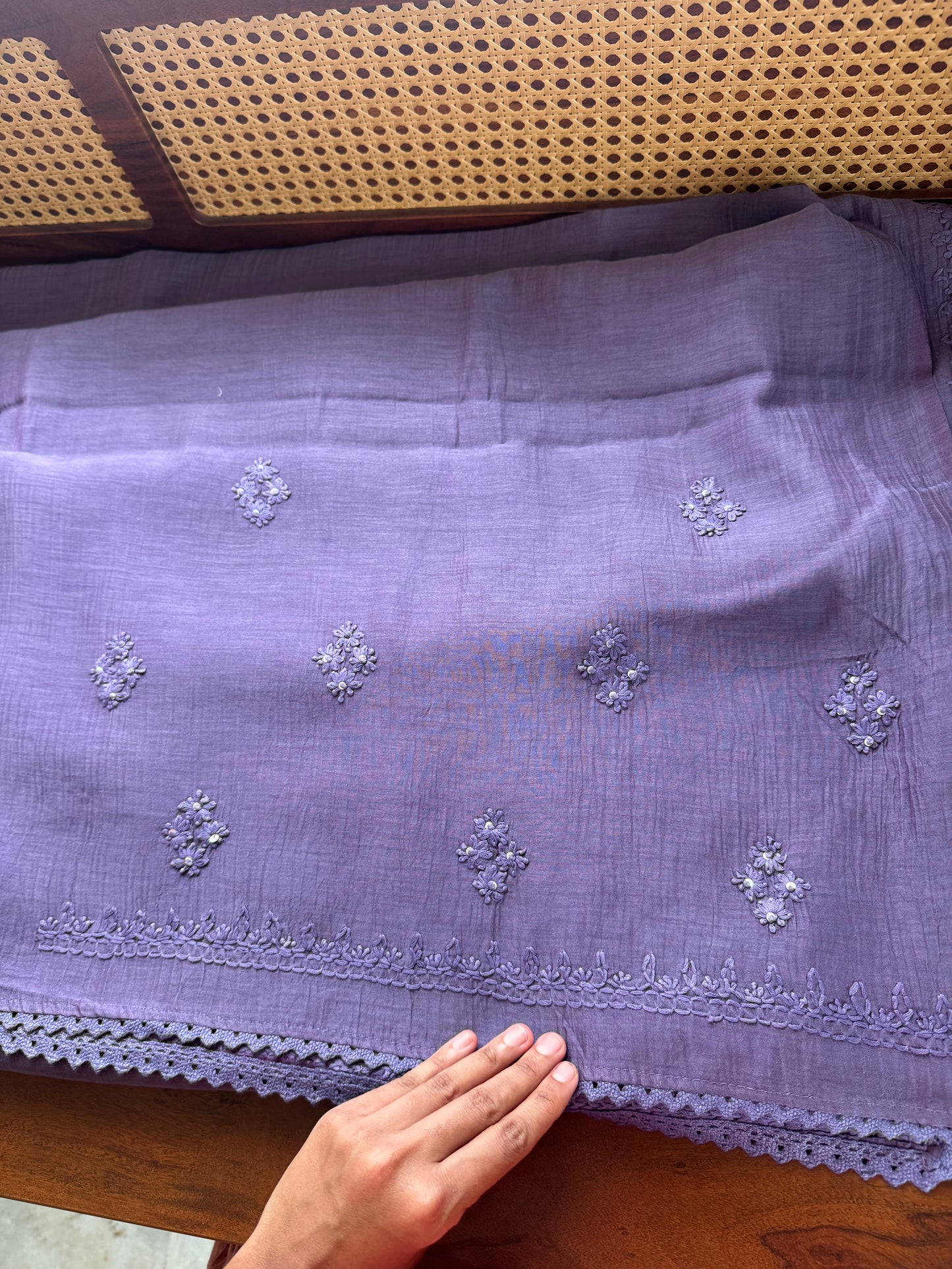Pure Mul Chanderi Chikankari Saree -Violet