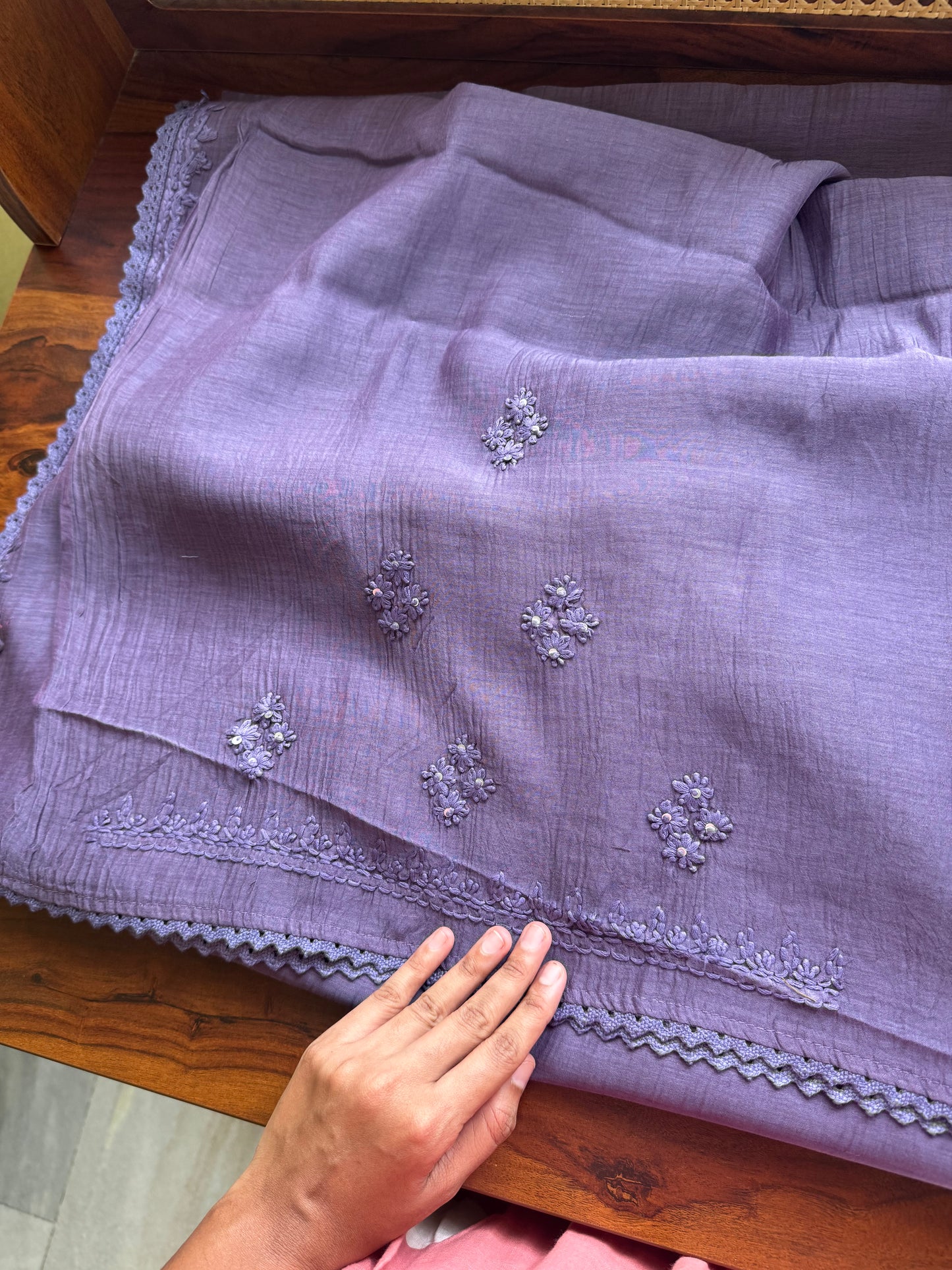 Pure Mul Chanderi Chikankari Saree -Violet