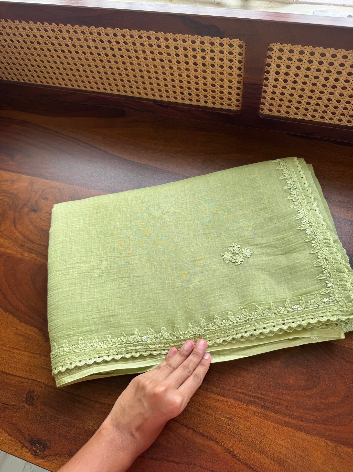 Pure Mul Chanderi Chikankari Saree -Pastel Green