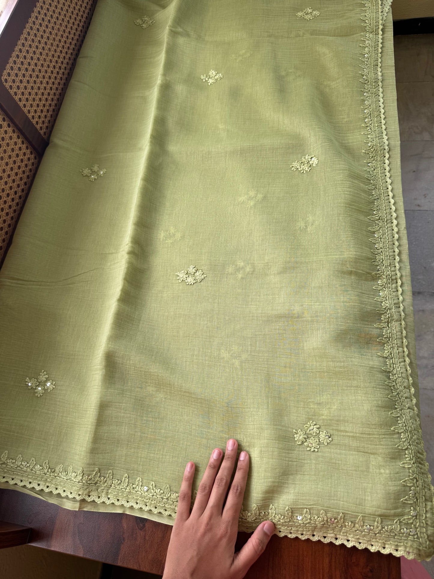 Pure Mul Chanderi Chikankari Saree -Pastel Green