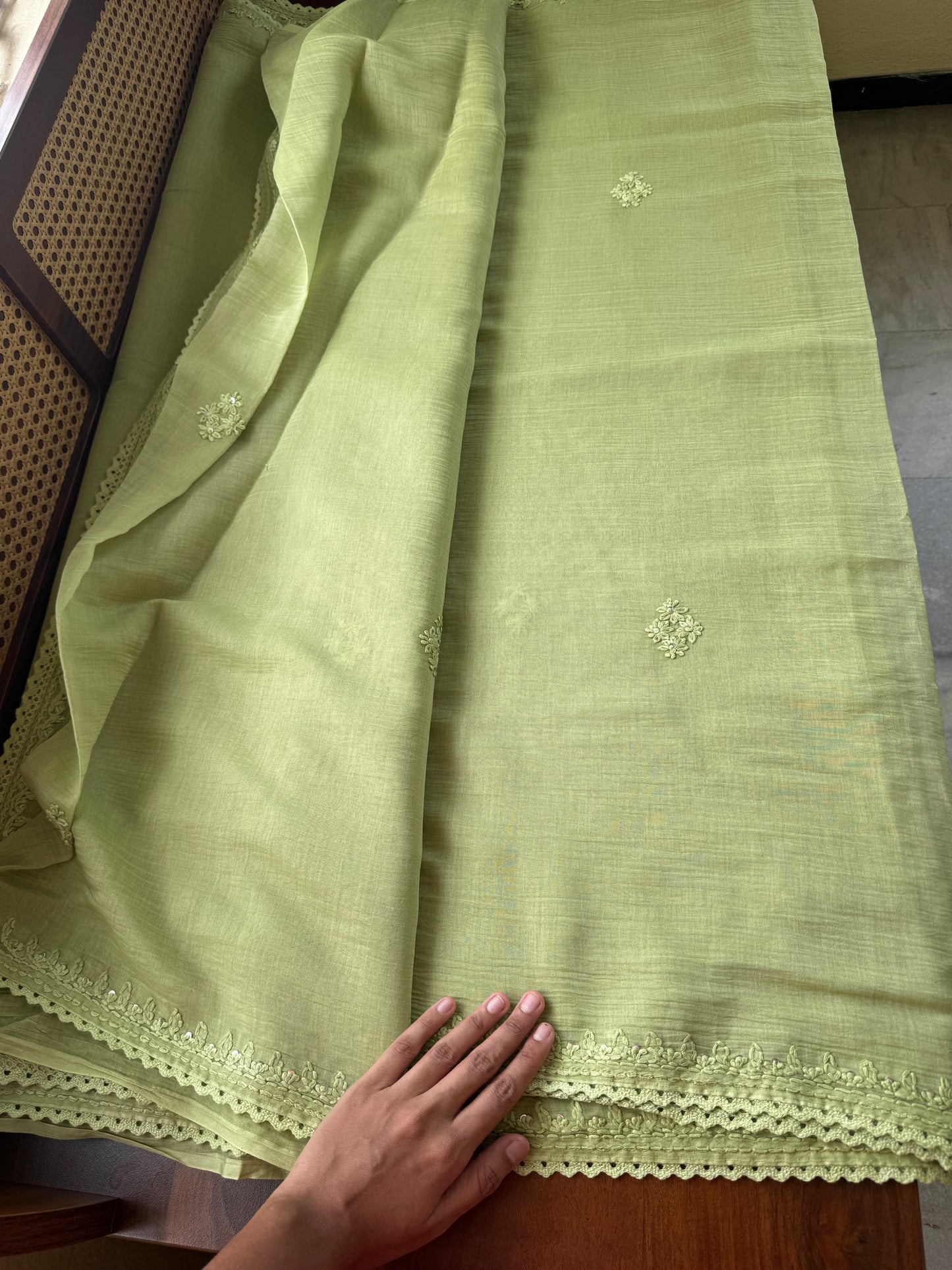 Pure Mul Chanderi Chikankari Saree -Pastel Green